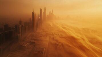 Sky High Sand Curtain Engulfing Urban Streets In Summer Heat photo