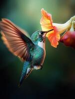 Shimmering Avian Drinker Sipping From Vibrant Blossoms photo