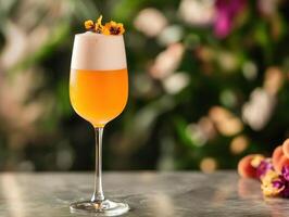 Sparkling Summer Brunch Drink Peach Bellini With Bubbly Wine photo