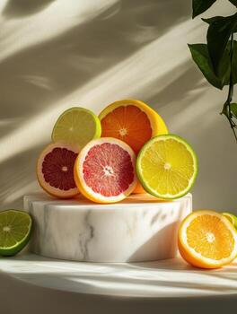 Stylish Marble Stage Adorned with Linear Citrus Motifs photo