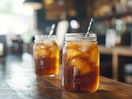 Summery Mason Jar Tea With Peach and Ice Refreshment photo