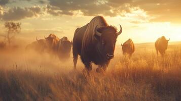 Towering Buffalo Roaming Expansive Plains At Dusk photo