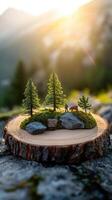 Timber Slice Display Showcasing Lively Alpine Hiking Moments photo