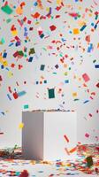 Vibrant Confetti Decorations on Bright and Festive White Backdrop photo