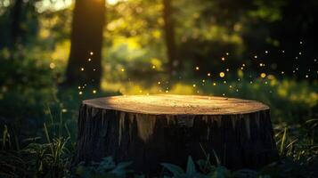 Whimsical Forest Log Showcasing Enchanting Floating Lights photo