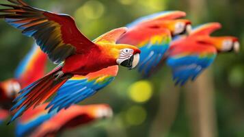 Vibrantly Feathered Birds Gliding Over Forest Tops photo