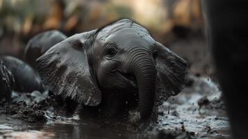 Young Trunked Mammals Having Fun In Muddy Pools photo