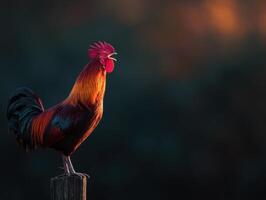 A beautiful rooster makes its call during the early sunrise hours photo