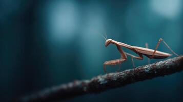 A camouflaged mantis remains motionless on a thin tree branch photo