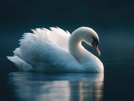 A beautiful swan engaged in preening behavior on a quiet lakeside photo