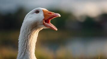 A big white goose announces its presence loudly in the farm area photo