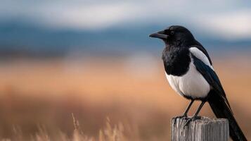 A common magpie with bold markings perches on rural fence support photo