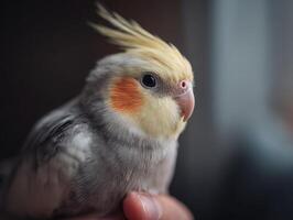 A cheerful small cockatiel cleans its plumage on a friendly finger photo