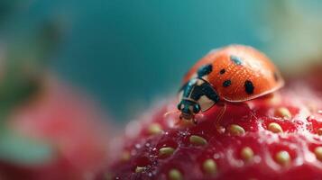 A charming ladybug makes its way over a fresh garden strawberry photo
