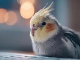 A cheerful small cockatiel playfully interacts with a laptop button photo