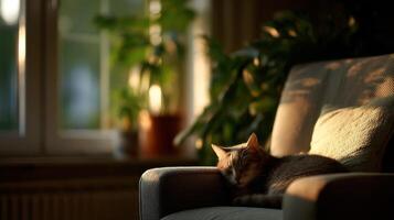 A calm home interior with a house cat dozing on soft armchair photo