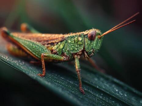 A camouflaged grasshopper rests serenely on wet morning grass photo