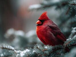 A beautiful northern cardinal in brilliant red on a snowy background photo