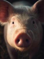 A common pig with a funny wrinkled nose looking curious on farm photo