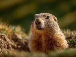 A chubby groundhog seen waiting at its burrow doorway quietly photo