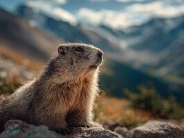 A chubby mountain marmot warms itself on sunlit rocky terrain photo