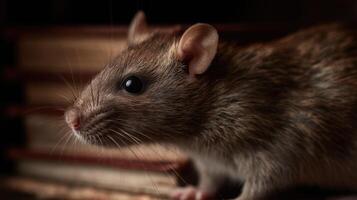A brown rat showing curiosity among discarded books in loft photo