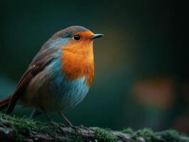 A beautiful robin is perched calmly in rich green woods photo