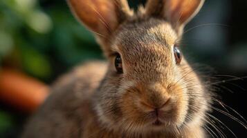 A cute fluffy rabbit curiously eats carrot stick in sunny outdoors photo