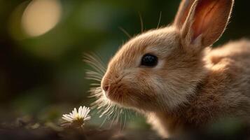 A cute fluffy rabbit curiously explores daisy scent in sunny outdoors photo
