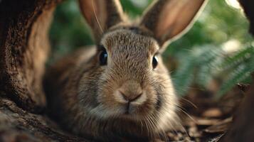 A cute fluffy rabbit curiously explores inside a fallen tree log photo