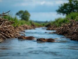 A beaver colony diligently works on their dam in the stream photo