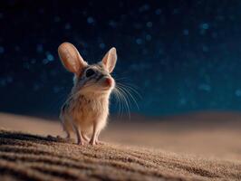 A cute jerboa balances carefully on a sandy desert hillock now photo