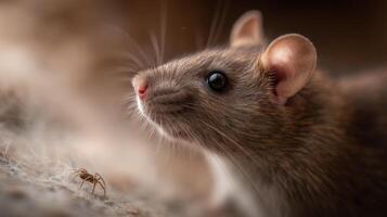A brown rat shows interest in a spider on a grimy wall photo