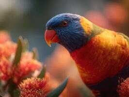 A bright lorikeet parrot sips nectar gently from beautiful flower photo