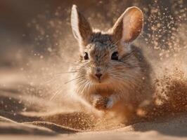A cute jerboa enjoys digging enthusiastically in fine desert sand photo