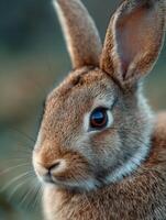 A cautious brown rabbit listening intently with ears fully erect photo