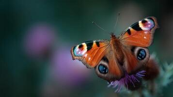 A colorful peacock butterfly feeds from a rich purple thistle head photo