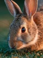 A calm eyed wild rabbit enjoys a meal of fresh green grass photo