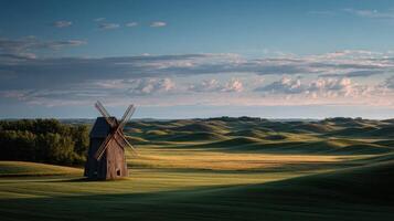 A charming historical wooden windmill surrounded by rich green fields photo