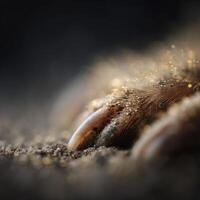A detailed close shot of minute earth on a pet birds claw photo