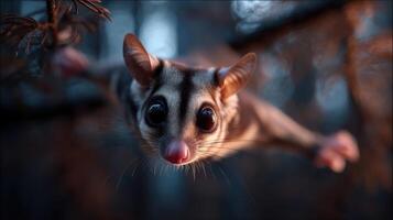 A cute sugar glider enjoys gliding between trees during dusk now photo