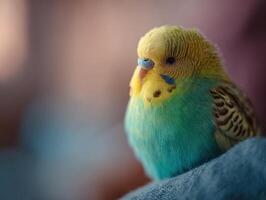 A delighted colorful budgerigar chirps friendly perched on shoulder photo