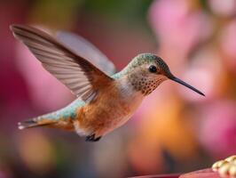 A delightful hummingbird hovers to drink from hanging garden feeder photo