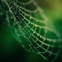 A fragile spider net glistens reflecting light from dew drops photo