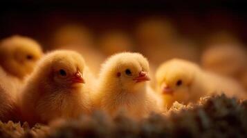 A group of newborn chicks stays warm huddled near glowing heat lamp photo