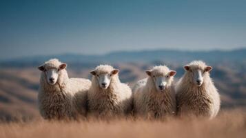 A flock of downy sheep grazes in a peaceful grass covered field photo