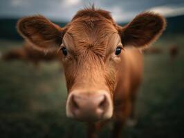 A friendly brown cow showing interest with its gaze at viewer photo