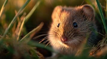 A cute little vole is playing hide and seek in tall grass photo