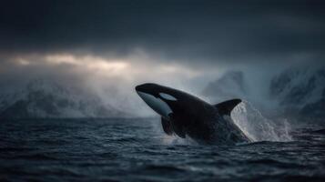 A formidable orca makes a spectacular breach from the sea photo