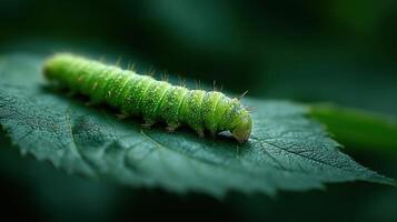 A fuzzy caterpillar explores the expanse of a radiant green leaf photo